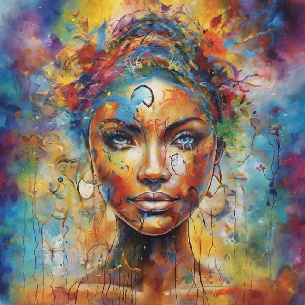 Ζωγραφισμένο πορτρέτο γυναίκας με πολύχρωμα αφηρημένα στοιχεία και έντονες εκφράσεις προσώπου, σύγχρονη τέχνη και ψυχική ενίσχυση.