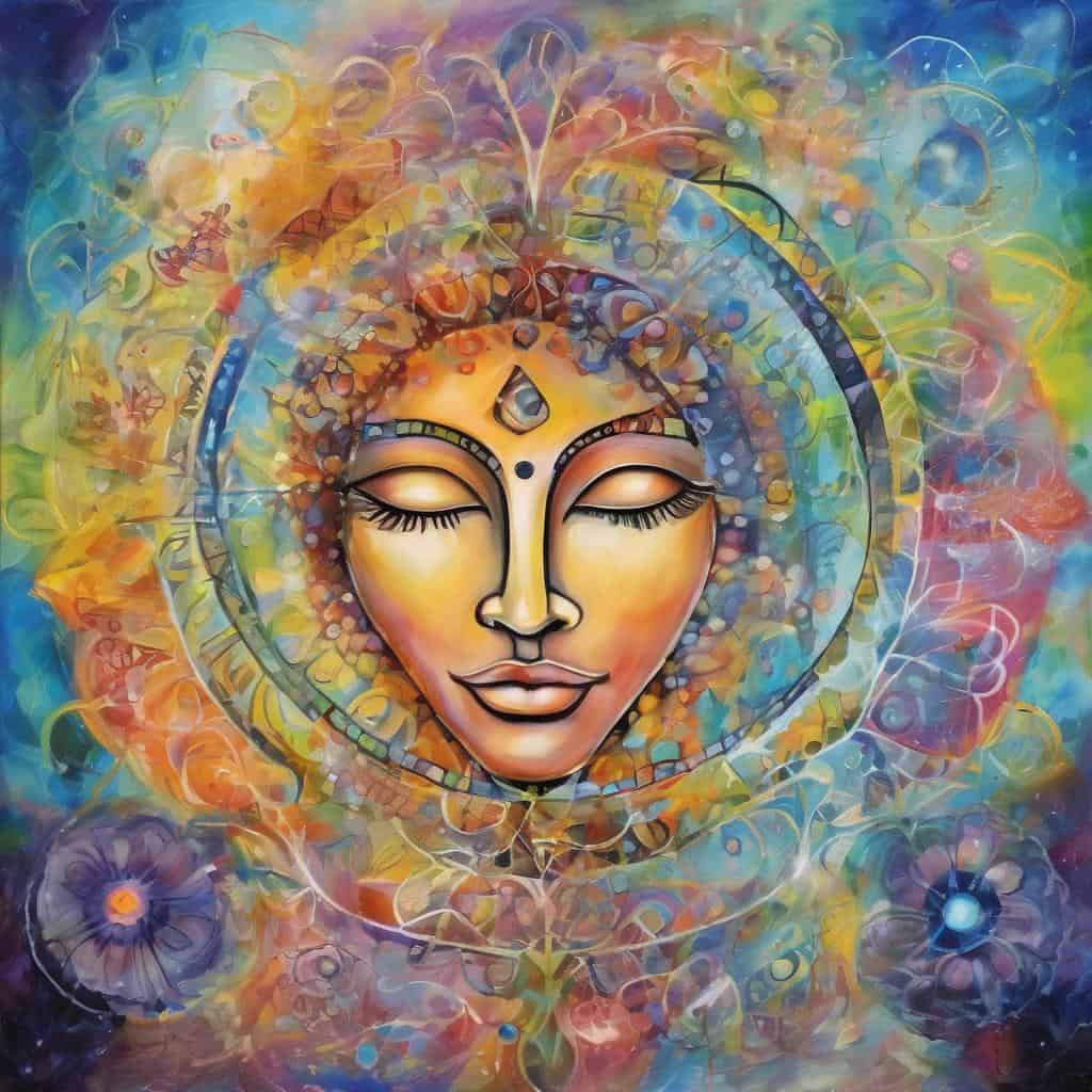 Εικόνα με χαμογελαστό πνευματικό πρόσωπο, πολύχρωμο και αφηρημένο, εκπέμπει ευγένεια και ψυχική ενίσχυση.