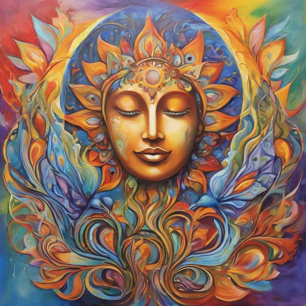 Ανθρώπινη μορφή με φωτεινό πρόσωπο και πολύχρωμα λουλούδια, προσωποσύνη και ειρήνη, τέχνη και πνευματικότητα.