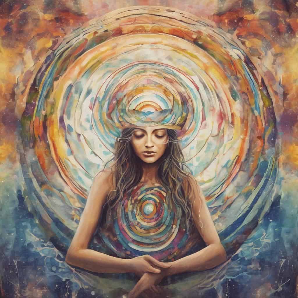 Αλ, γυναίκα με πολύχρωμα αφηρημένα σχήματα και διάφορα καπέλα, ενισχύει την καλοσύνη και την πνευματική ανάπτυξη.