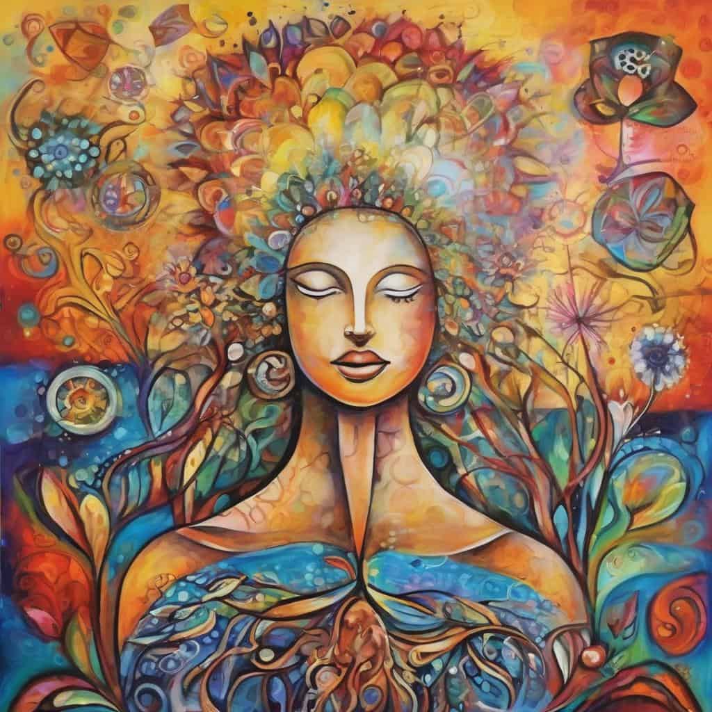 Αρμονική γυναικεία φιγούρα με πολύχρωμα λουλούδια και φτερά, σύμβολο εσωτερικής ειρήνης και ευγένειας.