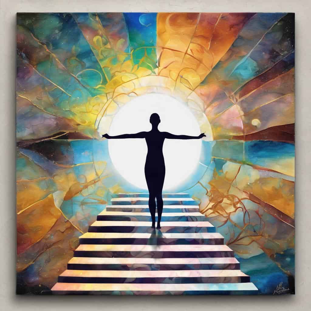 Σώμα ανθρώπου μπροστά σε φωτεινό κύκλο με πολύχρωμο αφηρημένο φόντο και σκάλα.